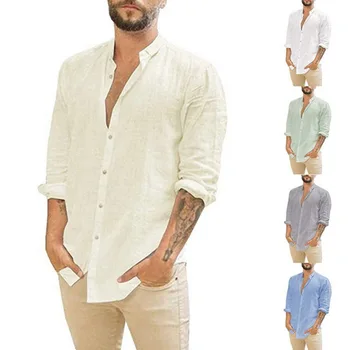 2023 Хлопчатобумажная льняная блузка, мужские рубашки с длинными рукавами, Летние однотонные рубашки со стоячим воротником, повседневные рубашки в пляжном стиле с V-образным вырезом, мужские топы - Изображение 1  