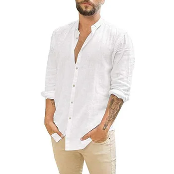 2023 Хлопчатобумажная льняная блузка, мужские рубашки с длинными рукавами, Летние однотонные рубашки со стоячим воротником, повседневные рубашки в пляжном стиле с V-образным вырезом, мужские топы - Изображение 2  