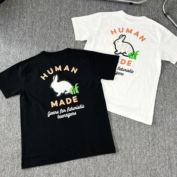 2023 Модная футболка хорошего качества, сделанная человеком, Уличная одежда в стиле хип-хоп с сердечками и кроликами, Мужские и женские футболки - Изображение 2  