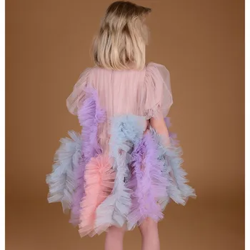 Лето 2023, Новая мода, Детская одежда для 2, 3, 4, 6, 8, 10 лет, детское бальное платье принцессы, Разноцветное Кружевное Сетчатое вечернее платье для девочек - Изображение 2  