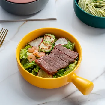 Керамическая миска для салата с ручкой, миска для запеченного риса, тарелка для лапши с ручкой, простая бытовая посуда, суп-салат с лапшой - Изображение 1  