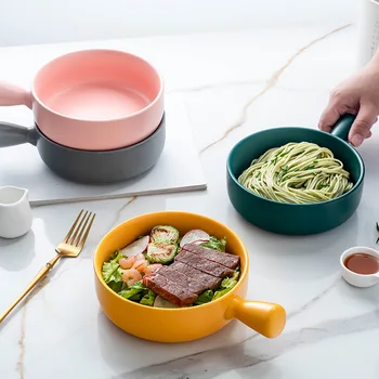 Керамическая миска для салата с ручкой, миска для запеченного риса, тарелка для лапши с ручкой, простая бытовая посуда, суп-салат с лапшой - Изображение 2  