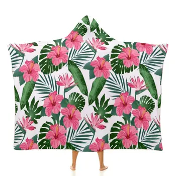 Одеяло из тропических пальмовых листьев С розовым цветочным рисунком гибискуса, Супер Мягкое Модное покрывало с капюшоном, Эстетичное флисовое одеяло для сна - Изображение 1  