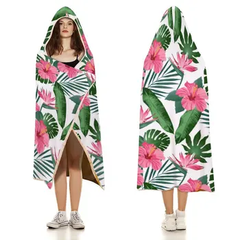 Одеяло из тропических пальмовых листьев С розовым цветочным рисунком гибискуса, Супер Мягкое Модное покрывало с капюшоном, Эстетичное флисовое одеяло для сна - Изображение 2  