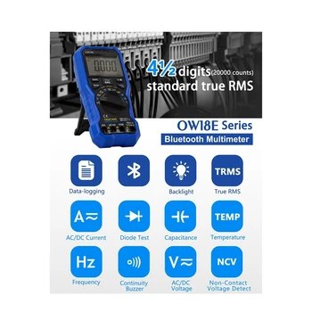 OW18E Умный цифровой мультиметр Bluetooth 4 1/2 Значный высокоточный ЖКДисплей с беспроводным подключением Регистрация данных Автоматический диапазон Синий - Изображение 2  
