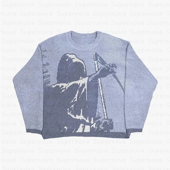 Осенне-зимний сезон 2023, вязаный пуловер для мальчиков, мода 90-х, ретро-готическая одежда, украшение с рисунком смерти, одежда для свитеров y2k - Изображение 1  