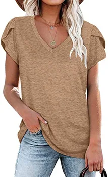 Женская футболка 2023, Весенне-летняя Модная Новая Однотонная Рубашка с V-образным вырезом и короткими рукавами, Блузка для женщин - Изображение 1  