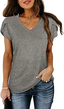 Женская футболка 2023, Весенне-летняя Модная Новая Однотонная Рубашка с V-образным вырезом и короткими рукавами, Блузка для женщин - Изображение 2  