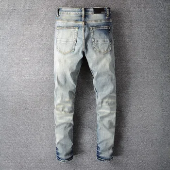 Высокие уличные белые джинсы с дырочками, эластичные облегающие плиссированные мужские джинсы, обтягивающие однотонные высококачественные джинсовые брюки модного бренда - Изображение 2  