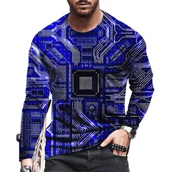 Весенне-летняя мужская футболка с 3D-электронным чипом с длинными рукавами и объемным рисунком печатной платы 6XL Harajuku T-shirt - Изображение 1  