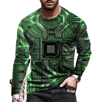 Весенне-летняя мужская футболка с 3D-электронным чипом с длинными рукавами и объемным рисунком печатной платы 6XL Harajuku T-shirt - Изображение 2  