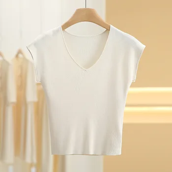 Летняя простая однотонная трикотажная футболка с V-образным вырезом из удобной эластичной нити с коротким низом, женские топы с короткими рукавами - Изображение 1  