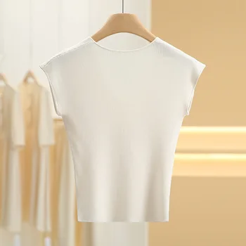 Летняя простая однотонная трикотажная футболка с V-образным вырезом из удобной эластичной нити с коротким низом, женские топы с короткими рукавами - Изображение 2  