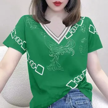 Женская рубашка, топы с корейским модным принтом, летние пуловеры в стиле пэчворк с коротким рукавом в шикарном контрастном стиле - Изображение 1  