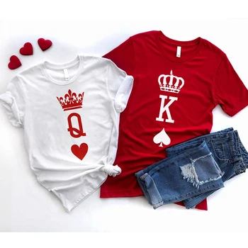 Футболки унисекс с буквенным принтом King Queen, Хлопковая одежда для влюбленных K Q, футболка для пары, уличная одежда с круглым вырезом, модные топы, прямая поставка - Изображение 1  