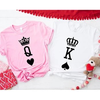 Футболки унисекс с буквенным принтом King Queen, Хлопковая одежда для влюбленных K Q, футболка для пары, уличная одежда с круглым вырезом, модные топы, прямая поставка - Изображение 2  