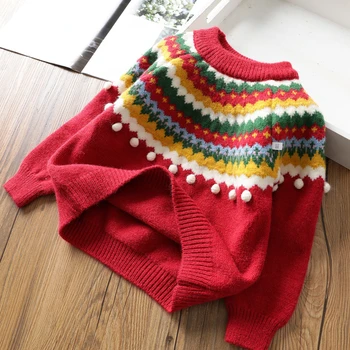 2023 Осенне-зимний детский свитер для девочек, вязаные топы с круглым вырезом, Утолщенный теплый пуловер, Рождественские свитера для девочек - Изображение 2  