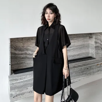 Поддельное черное прозрачное мини-платье из 2 предметов со сплайсированием для женщин 2023 Летняя Японская уличная одежда в готическом стиле с коротким рукавом, Свободная Повседневная леди 0805 - Изображение 1  
