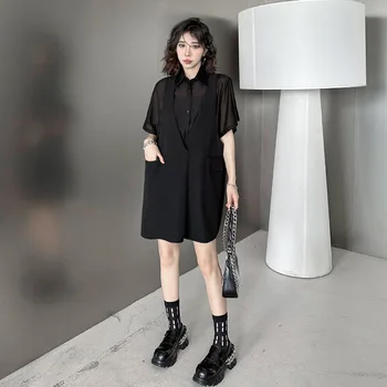 Поддельное черное прозрачное мини-платье из 2 предметов со сплайсированием для женщин 2023 Летняя Японская уличная одежда в готическом стиле с коротким рукавом, Свободная Повседневная леди 0805 - Изображение 2  