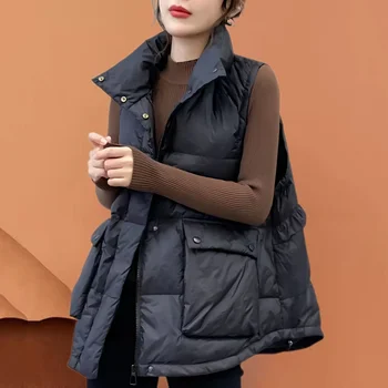 Новый осенне-зимний пуховый жилет, женское теплое пальто с отложным воротником, куртка без рукавов на молнии, пальто, свободный жилет, Мода M02 - Изображение 1  