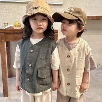 4704C Корейская детская одежда, жилет для инструментов 2023, Весенне-осенний простой модный жилет для мальчиков, детский жилет от 1 до 10 лет - Изображение 1  