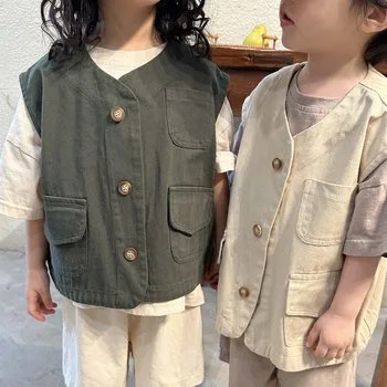 4704C Корейская детская одежда, жилет для инструментов 2023, Весенне-осенний простой модный жилет для мальчиков, детский жилет от 1 до 10 лет - Изображение 2  
