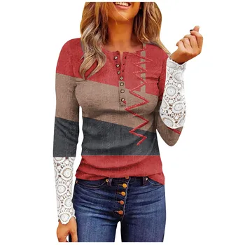 Женская мода, кружевной принт, повседневный пуловер с длинным рукавом и пуговицами, толстовка, футболка из ребристой вязки, блузка без бретелек, свитер - Изображение 1  