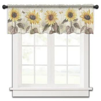 Винтажные цветы, бабочки, Желтый подсолнух, короткие тюлевые шторы для кухни, кафе, Полупрозрачная вуалевая занавеска для дверного проема спальни - Изображение 2  