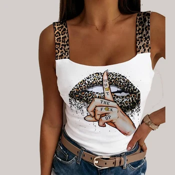 Женские топы с леопардовым принтом в виде губ, летние Сексуальные однотонные топы без рукавов, женские винтажные клубные жилеты для вечеринок, футболки, уличная одежда - Изображение 1  