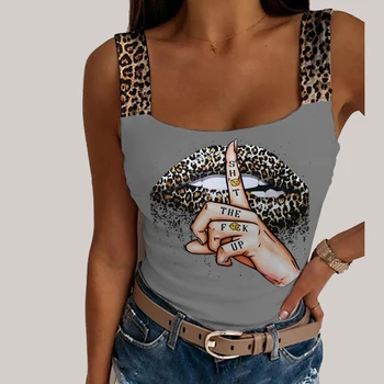 Женские топы с леопардовым принтом в виде губ, летние Сексуальные однотонные топы без рукавов, женские винтажные клубные жилеты для вечеринок, футболки, уличная одежда - Изображение 2  