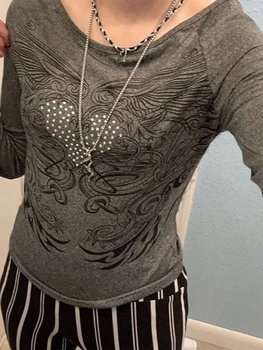 Женская футболка Y2K в готическом стиле Fairy Grunge, топы с длинным расклешенным рукавом и круглым вырезом, приталенная эстетичная одежда, уличная одежда - Изображение 2  