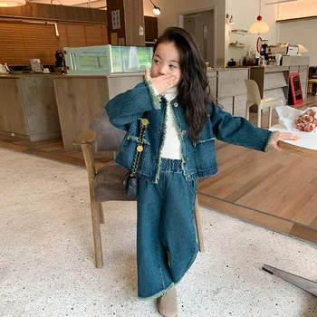 Комплект одежды для девочек в корейском стиле, джинсовая одежда, пальто с необработанным краем и широкие брюки, детская одежда из 2 предметов, костюм - Изображение 2  