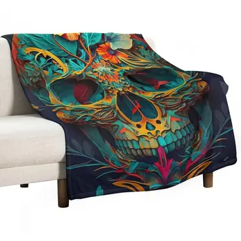 Новый красочный 3D Череп с цветочными узорами, Плед, Декоративные пледы, Роскошное Утолщенное одеяло, Стеганое одеяло для дивана - Изображение 1  