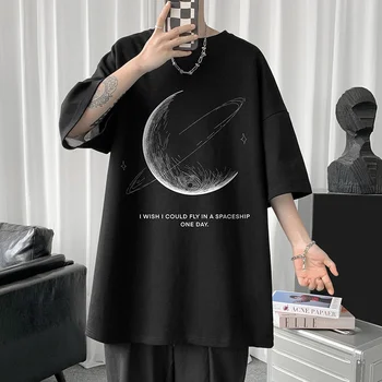Мужская футболка с изображением Луны простым штрихом, футболка с надписью Oversize, короткий рукав, Хлопковая мужская уличная одежда, базовые топы унисекс - Изображение 1  
