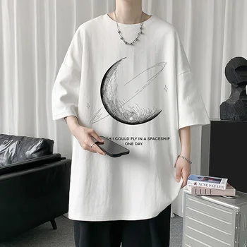 Мужская футболка с изображением Луны простым штрихом, футболка с надписью Oversize, короткий рукав, Хлопковая мужская уличная одежда, базовые топы унисекс - Изображение 2  