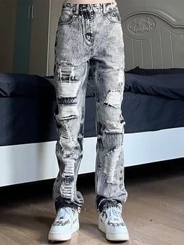 Y2k high street выстиранные потертые рваные джинсы мужские универсальные ins модный бренд хип-хоп пара прямые узкие брюки - Изображение 1  