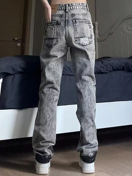 Y2k high street выстиранные потертые рваные джинсы мужские универсальные ins модный бренд хип-хоп пара прямые узкие брюки - Изображение 2  