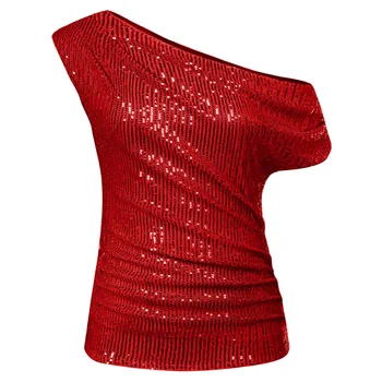 Женские вечерние топы GK с блестками, асимметричные топы-пуловеры с рюшами на одно плечо - Изображение 1  