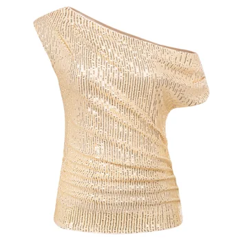 Женские вечерние топы GK с блестками, асимметричные топы-пуловеры с рюшами на одно плечо - Изображение 2  