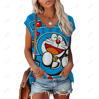 Женская футболка с принтом Doraemon, футболка Y2k с V-образным вырезом, Женская летняя майка без рукавов в богемном стиле, Женский топ - Изображение 1  