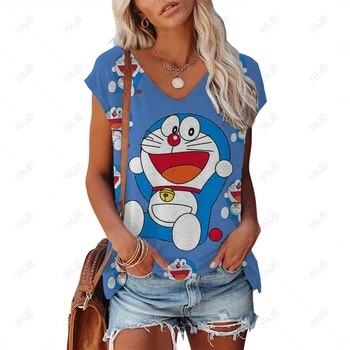 Женская футболка с принтом Doraemon, футболка Y2k с V-образным вырезом, Женская летняя майка без рукавов в богемном стиле, Женский топ - Изображение 2  