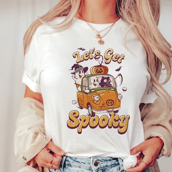 Женская повседневная футболка с коротким рукавом в милом стиле, футболка с буквенным принтом на Хэллоуин, модная повседневная женская базовая футболка с принтом. - Изображение 1  