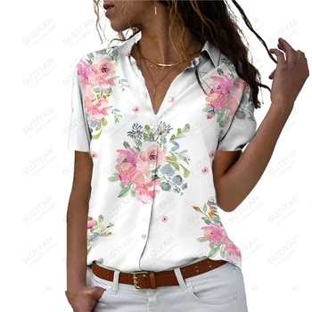 Летняя новая женская рубашка с цветочным 3D принтом, женская рубашка в милом повседневном стиле, женская рубашка, модный тренд, свободная женская рубашка - Изображение 2  