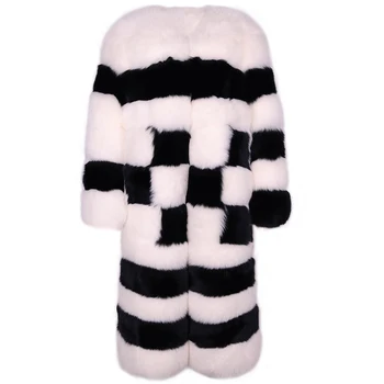 YOLOAgain, длинная куртка из натурального лисьего меха в черно-белую клетку, женская зимняя теплая роскошная шуба из лисьего меха 2023, женская верхняя одежда - Изображение 1  