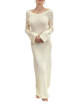 Женское трикотажное макси-платье с круглым вырезом и открытой спиной, осеннее длинное платье, свитер, осенне-весенние повседневные платья, коктейльные платья - Изображение 2  