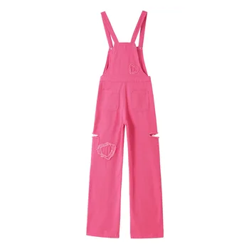 XS-2XL, женские розовые джинсовые брюки на подтяжках, аппликации в виде сердечек, выдалбливают джинсовый комбинезон с широкими штанинами, женский универсальный наряд, комбинезон - Изображение 2  