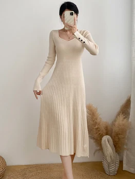 Осень-зима 2023, повседневное платье с длинным рукавом Черного цвета, Корейский модный Вязаный свитер, Женский пуловер в стиле бохо, Облегающие Элегантные платья - Изображение 1  