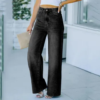 Винтажные джинсы для девочек-подростков, женские брюки больших размеров, однотонные широкие джинсы-стрейч с высокой талией, женские джинсовые брюки - Изображение 1  