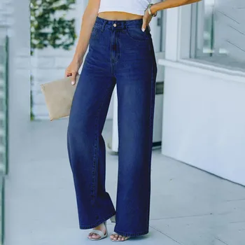 Винтажные джинсы для девочек-подростков, женские брюки больших размеров, однотонные широкие джинсы-стрейч с высокой талией, женские джинсовые брюки - Изображение 2  