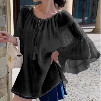 Корейская модная винтажная рубашка, снижающая возраст, Летняя Женская свободная тонкая рубашка с оборками и круглым вырезом, Верхняя Женская одежда - Изображение 2  